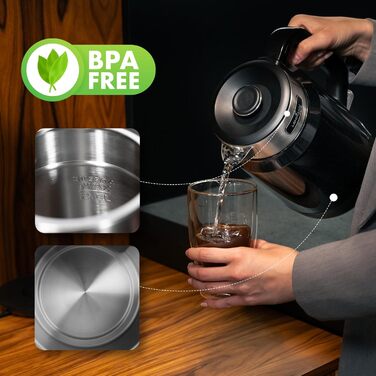 Електричний чайник LEHMANN з нержавіючої сталі 2L, 2200W, швидке нагрівання, подвійні стінки, автовимкнення та захист від перегріву, BPA-free, для великих сімей та офісів, чорний