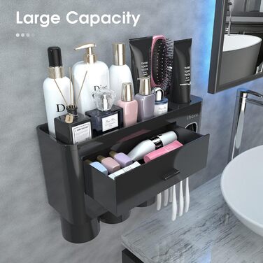 IHave Toothbrush Holder for Bathroom Storage, 3 Cup Toothbrush Holder Wall Mounted with Automatic Toothpaste Dispenser, Large Capacity Toothbrush Holder Bathroom Accessories Black