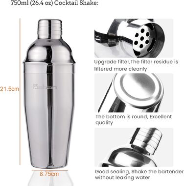 Набір для коктейлів Baban Edelstahl, 10 предметів: шейкер, підставка з бамбука, мірний стакан, барна ложка, 750 мл. Подарунок для дому або бару