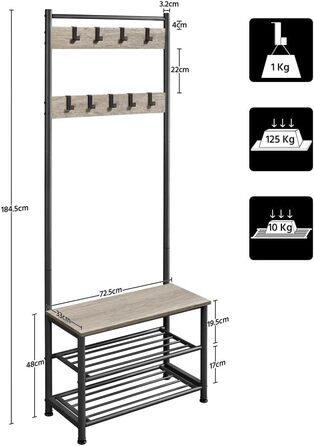 Yaheetech Clothes Rack Wardrobe Clothes Rack with 3 Shelves, Shoe Shelves, Wardrobe Hooks, Height 184.5cm, Width 72.5cm, Depth 33cm, for Bedroom/Dressing Room/Living Room/Storage Room Grey