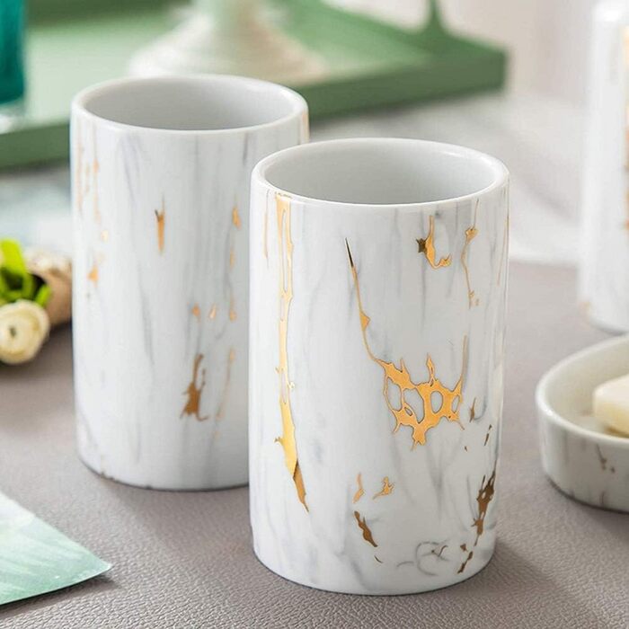 Набір аксесуарів для ванної кімнати FülleMore: кераміка, золото, мармур, 4 предмети (дозатор мила, мильниця, 2 стаканчика для зубних щіток)