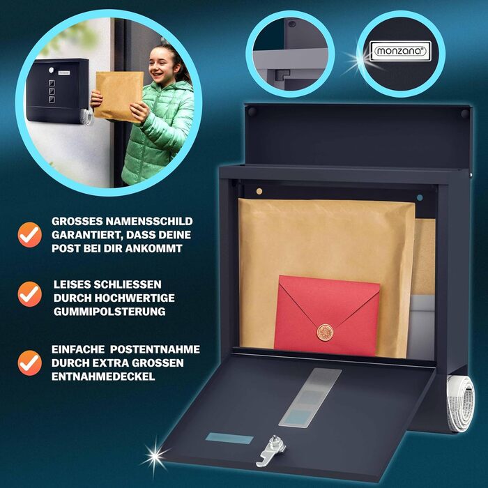 Поштовий ящик Monzana Kreuzschloss з мідним циліндром, сталевий, чорно-срібний (антрацит) 31x10x34 см, з вікном для газет та іменним шильдиком, 2 ключі