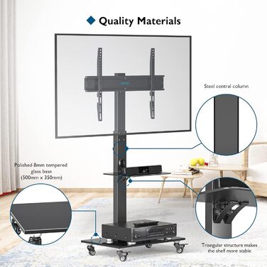 BONTEC Mobile TV Stand with Wheels for 30-70 inch Plasma, LCD, LED TVs - VESA 600x400, Adjustable Height & Glass Shelves