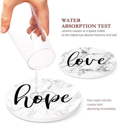 Britimes Drink Coasters, Set of 6, White Marble, Inspiring Love, Absorbent, Round, Ceramic-Stone Mat, with Cork Bottom and Metal Holder, Housewarming Gift, Bar, Decor