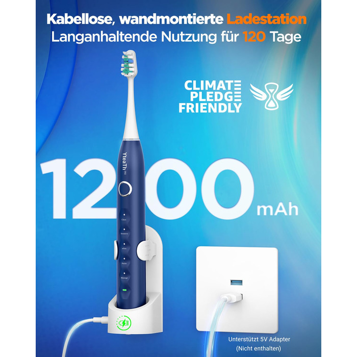 Електрична зубна щітка зі звуковими вібраціями, 8 насадок, 5 режимів, таймер, 120 днів роботи від акумулятора, для дорослих, синього кольору