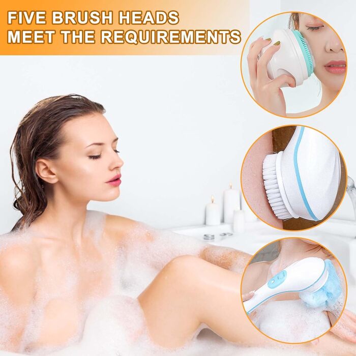 Electric Body Brush Bath Brush Back Brush With 5 Attachments: Long-Handled Back Brush IP67 Waterproof 3 Speed Spin Cleaning Brush for Spa Shower Exfoliating Massage Brush (Green)
