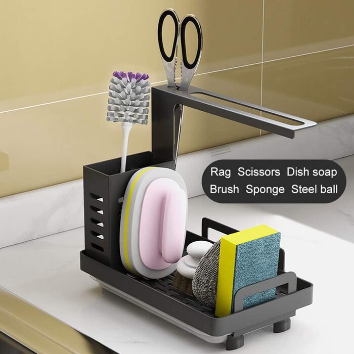 Shunfaji Sink Organizer Sink Caddy Organizer Stainless Steel Utensil Basket for Kitchen & Bathroom with Drain Pan, Adhesive Countertop Dual-Use Sponge Brush Soap Dish Holder