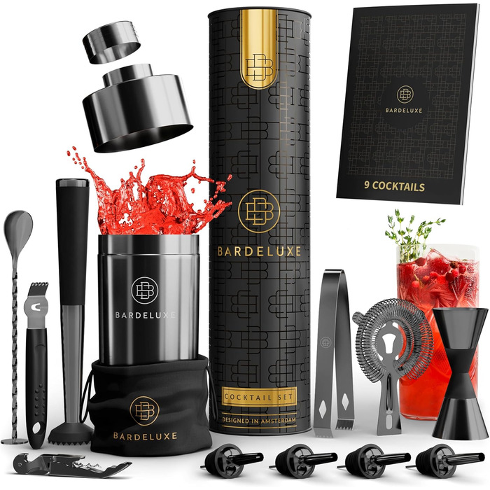 BarDeluxe® 12-Piece Cocktail Set, Bartender Set, Cocktail Mixer Set | 750ml Stainless Steel Cocktail Shaker, Cocktail Shaker Set, Bartender Set | Luxury Cocktail Gift Set