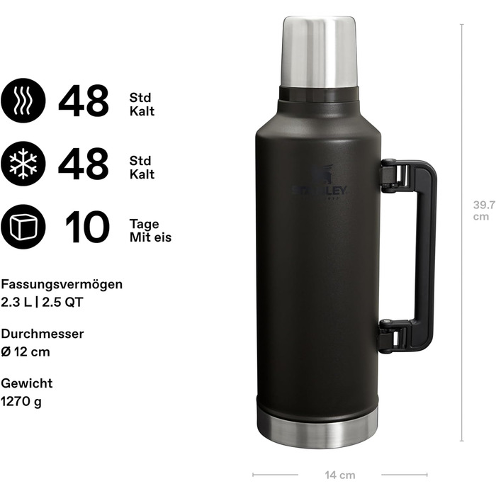 Термос STANLEY 1913 Classic Legendary 2.3л, герметичний, сталевий (чорний) — зберігає тепло та холод до 24 годин
