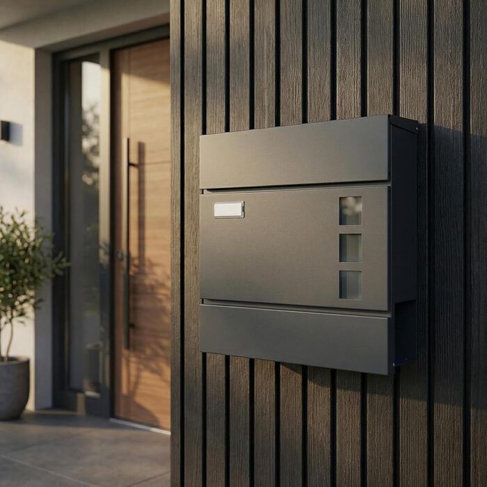 Поштова скринька BASI з м'яким закриттям, оглядовим вікном та табличкою для імені, DIN A4, з 2 ключами, вбудованим відділенням для газет, антрацит, настінна (H37x37x10.4 см)
