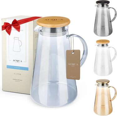 ACQUA DI AMALFI® Glass Carafe | Water Carafe 2 Liter with Stainless Steel/Bamboo Lid | Water Jug with Fruit Infuser | Leak-Proof | Carafe also as a Teapot (BLUE/BAMBOO)
