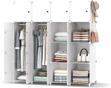 HOMIDEC Wardrobe, Portable Shelving System, 20 Cube Closet Made of Plastic with 2 Clothes Rails, Bedroom Wardrobe Closet White for Bedroom, 180 x 142 x 45cm (16 cube, All White)