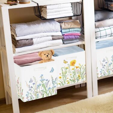 HUUMONSS 30cm Storage Box, 3 Pack, Garden Wildflower Storage Basket, Kids Foldable Spring Butterfly with Handles, Storage Cube Organizer for Toys, Books, Clothes