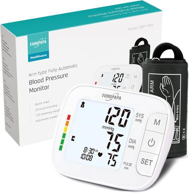 Тонометр EUROPAPA на плече для дому, вимірювання пульсу та артеріального тиску, велика манжета (22-42 см), 2 * 60 пам'ять, для 2 користувачів