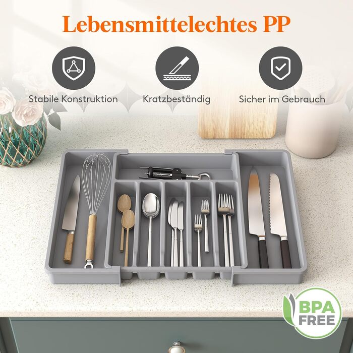Органайзер для столових приборів Lifewit в шухляду, розсувний, пластиковий, 7-9 відділень, 38-50 см, сірий