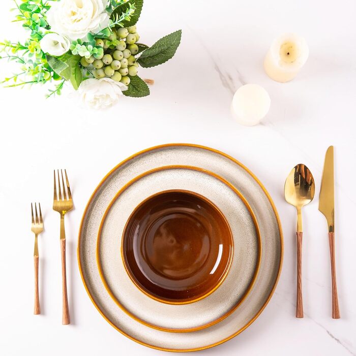 Набір посуду LeRatio на 6 осіб: 18 предметів, керамічний, з реактивною глазур'ю, стійкий до подряпин, для сервірування столу, придатний для миття в посудомийній машині та використання в мікрохвильовці