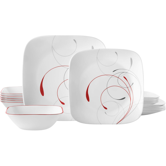 Corelle Tafelservice 18-teilний, чорно-білий для 6 осіб, Splendor, розбивається неможливо, з квадратними тарілками