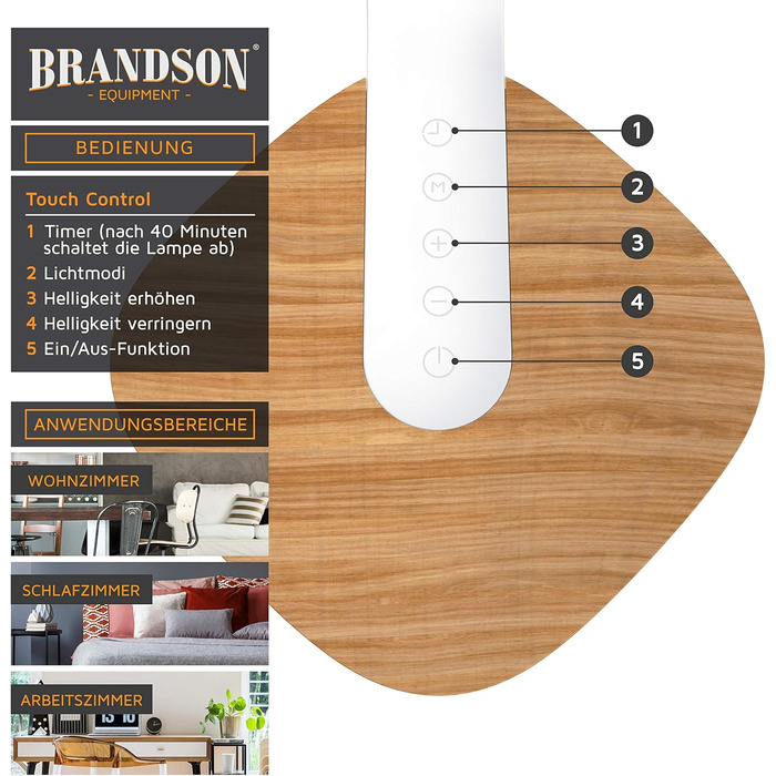 LED лампа настільна Brandson з деревом, регульована яскравість, 5 рівнів, 3 температури світла, для очей, 450 люмен, сенсорне управління, для офісу, читання, навчання, біла