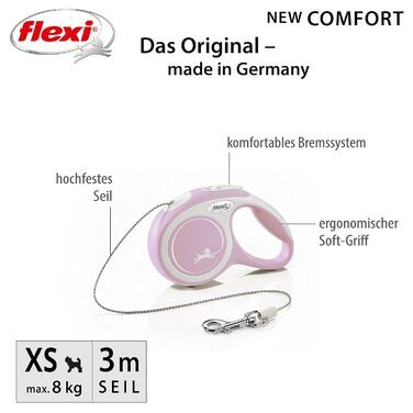Розтягуваний поводок для собак Flexi з м'якою ручкою, різні довжини (3 м, 5 м, 8 м), для собак вагою до 20 кг, колір рожевий