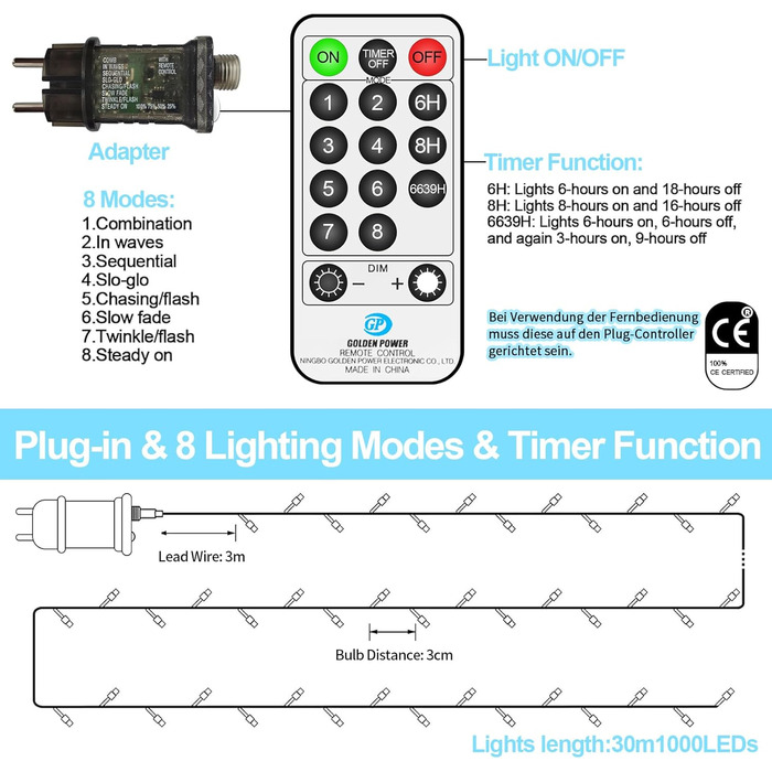Льодогенератор з LED підсвічуванням, 1000 LED, тепле біле світло, водонепроникний, з пультом, для декору приміщень, вечірок, балкону, саду, ялинки