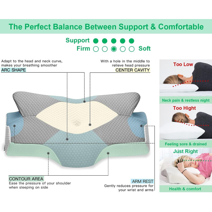 Elviros Orthopedic Memory Foam Pillow, Side Sleeper Pillow Neck Support Pillow, Head Pillow for Neck Pain, Ergonomic Sleep Pillow for Neck and Shoulder Pain, 54x11/9x33cm, Gray