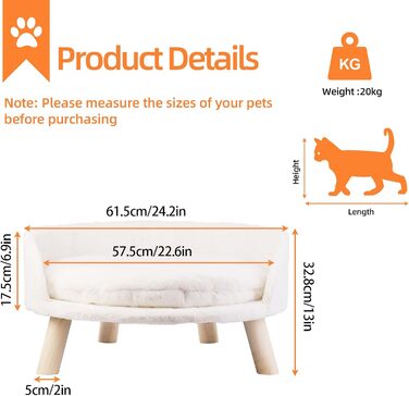 Luxury Cat Sofa, Large Cat Sofa, Cat Chair, Cat Stool, Elevated Cat Bed with Cat Cushions, Pet Sofa, Dog Sofa for Small Dogs, 40cm beige (L 62 x W 62 x H 33 cm)