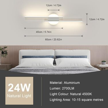 LED стінна лампа Mckalen 24W, 60см, тепле біле світло (2700K-4500K) для спальні, коридору, вітальні, сходи