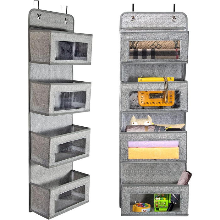 Настінна полиця-органайзер BrilliantJo з тканини, 4 великі кишені, 2 гачки, сірий колір, для ванної, дитячої кімнати, вітальні, спальні