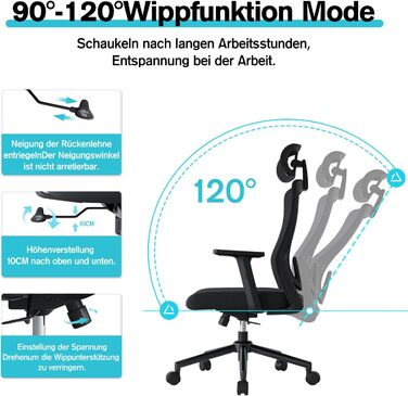 Ергономічне крісло для офісу з регульованою поперековою підтримкою, 2D підголівником та підлокітниками, поворотне, до 150 кг, чорний колір, нейлон