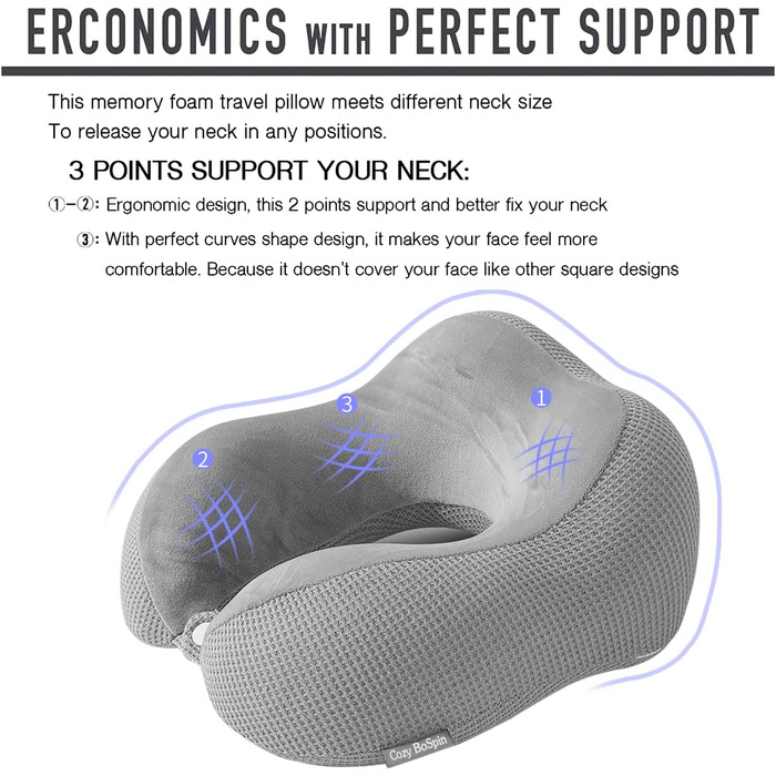 Подушка для шиї у подорожах, Memory Foam, сіра. Зручна та портативна подушка для сну в дорозі, кемпінгу та подорожей. Швидка упаковка.