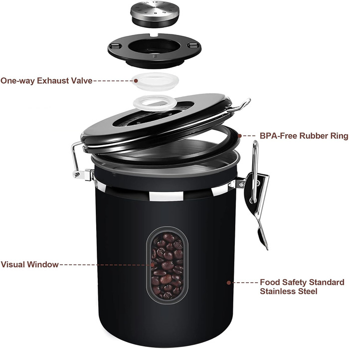 Контейнер для кави Rocky & Chao 1.8L з нержавіючої сталі, герметичний, для кавових зерен, чаю, горіхів, какао (Чорний)