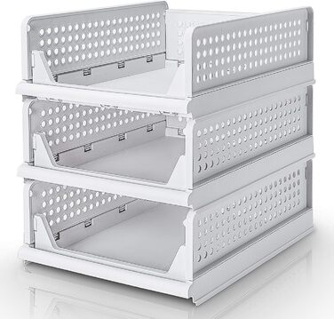 Yorbay Drawer Box, 3-Piece Set, Stackable Closet Organizer, Shelf Storage Box, Divider Stackable Drawers for Clothes Kitchen Bedroom, White