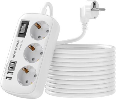 Многорозеткова станція з захистом від перенапруги, 3 розетки, 4 USB (2 USB-C), вимикач, кабель 1,5м, для дому/офісу, білий