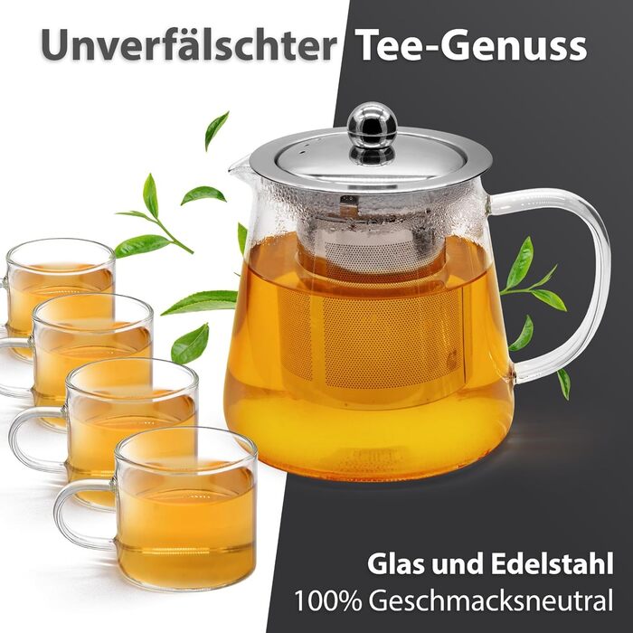 Скляний чайник T24 з ситечком, 1250 мл, з нержавіючої сталі, термостійкий, з захистом від перегріву, для заварювання листового чаю