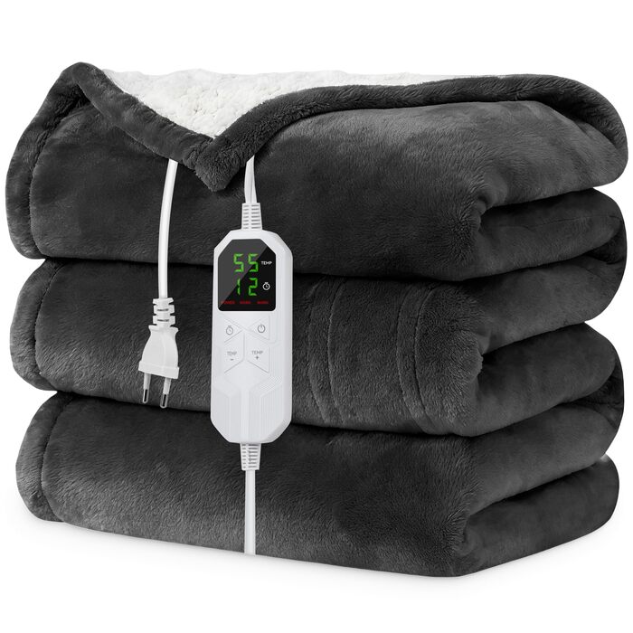 Електрична ковдра Netraty з автовимкненням 130x180 см, 8 режимів нагріву, таймер 1-12 годин, захист від перегріву, пральна машина, фланель-шерпа, сіра для дому та офісу