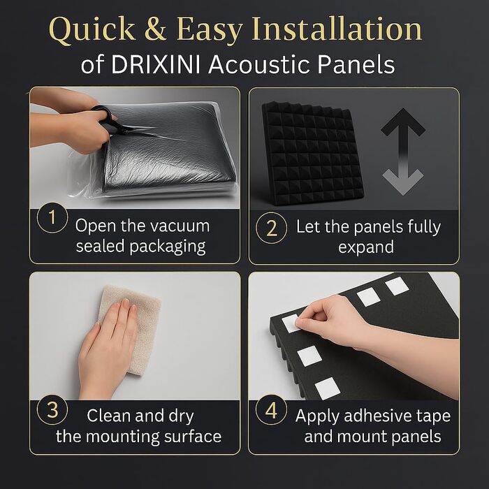 Акустичні панелі для шумоізоляції 30x30x5 см, набір 6 шт. (Сірий) — Професійні звукопоглинаючі панелі для студії, подкастів, дому та офісу з клейкою стрічкою