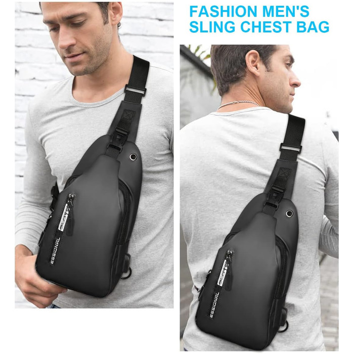 Чоловіча нагрудна сумка Brusttasche з USB-зарядкою, Oxford-тканина, водонепроникна, для спорту, роботи, подорожей (#5 B-сірий)