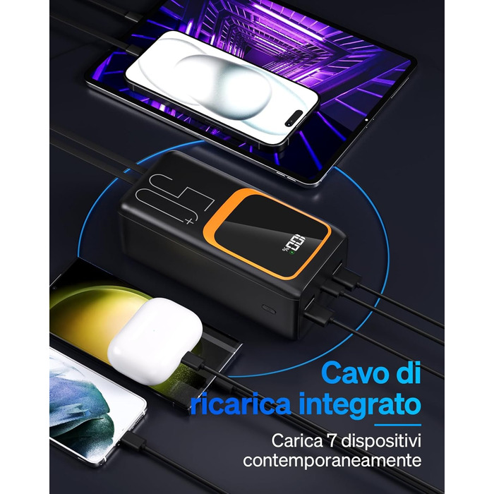 Power Bank 50000 mAh з вбудованим кабелем, 22.5W швидка зарядка, LED-ліхтарик, 7 портів (3 входи) - портативний акумулятор