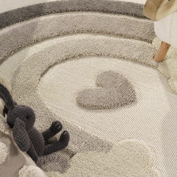Paco Home Rug Kids' Room Rug Play Rug Crawling Rug Short Pile Motif Sun 3D Effect Soft Modern Decor, Size: 120 cm Round, Color: Cream 2