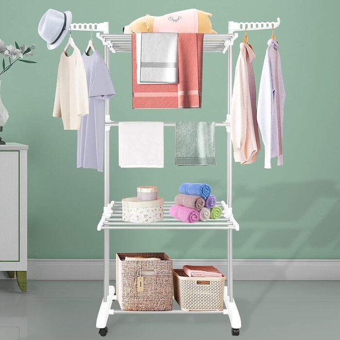 Foldable stainless steel clothes rack with wheels, portable, for indoor and outdoor use, white/gray