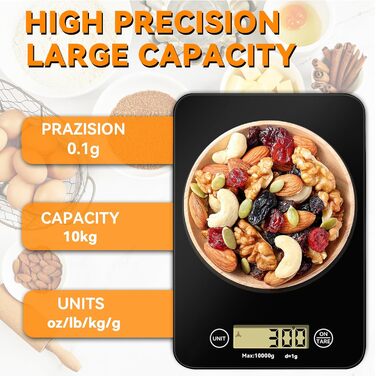 Кухонні ваги PQETBV 10KG з LED-дисплеєм, скляна платформа, точність 1г, чорний колір