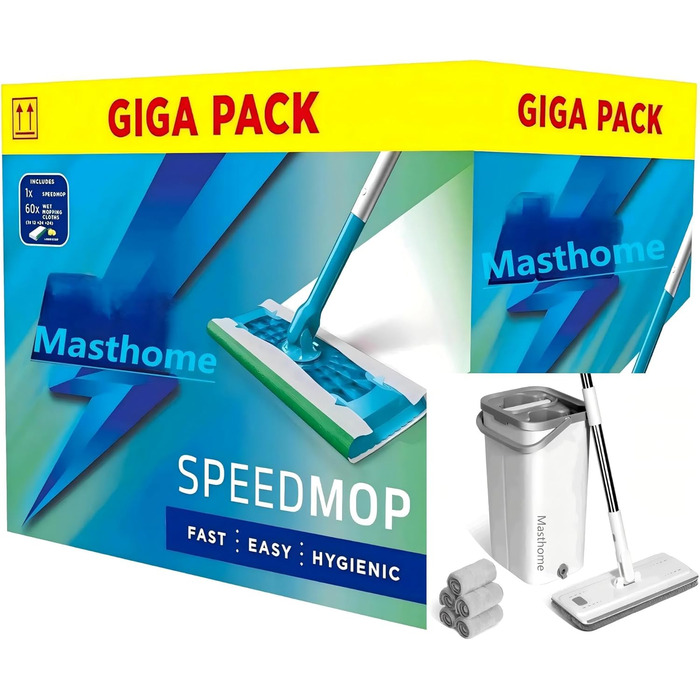 Набір для миття підлоги Masthome з відром: плоский моп, 3 мікрофібрових насадки, відро з нержавіючою сталею, моп з функцією віджиму, для прибирання підлоги (фіолетовий)