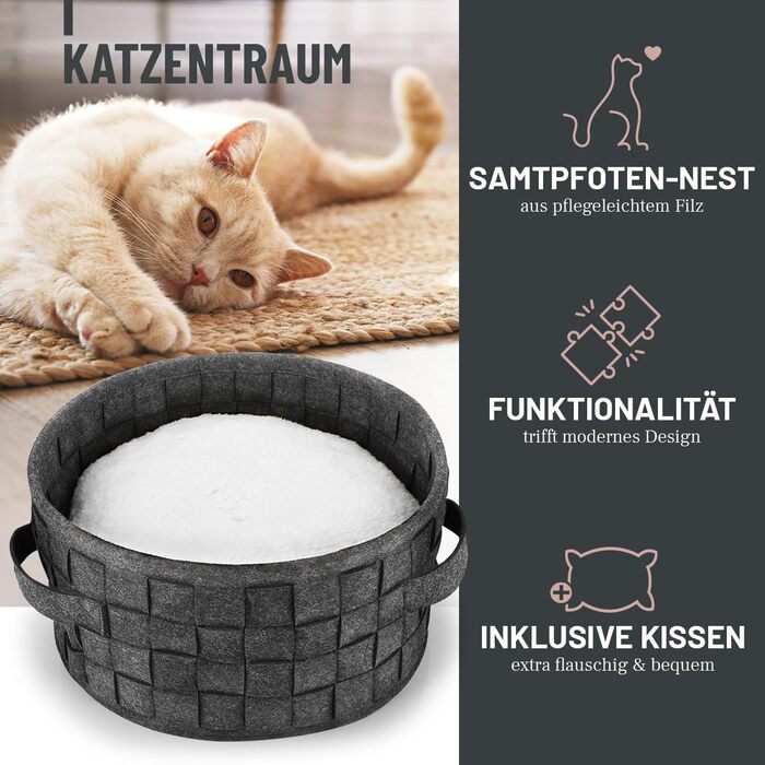 Котяче ліжко ReaVET Samtpfoten Nest - м'яке та зручне гніздо для котів з подушкою, тепле та пухнасте, з фетру