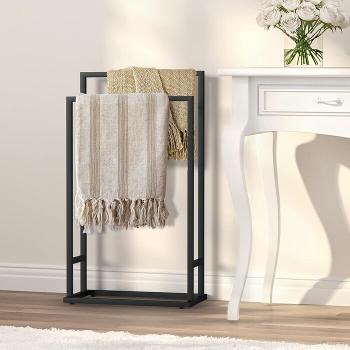 Підставка для рушників на підлозі, металева, з 2 перекладинами, чорна, для ванної кімнати, стабільна, економна