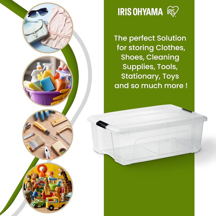 Iris Ohyama Storage Box with Lid, 6-Piece Set, Transparent, Snap Closures with Handles, Stackable, Strong & Durable, For Clothing, Garage, Home, Office, Plastic Box, Storage TB-45 (32L, x4)