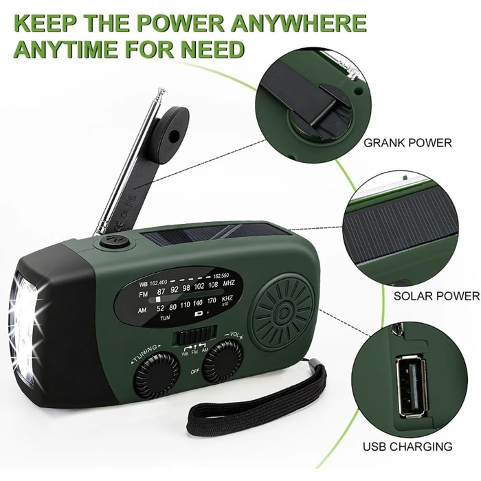 Радіо Solar-Radio 2000mAh на сонячній батареї/AM/FM, з ручним заводом, SOS-сигналом, LED-ліхтарем + USB-зарядка, водонепроникне для кемпінгу, туризму, надзвичайних ситуацій (оливково-зелене)