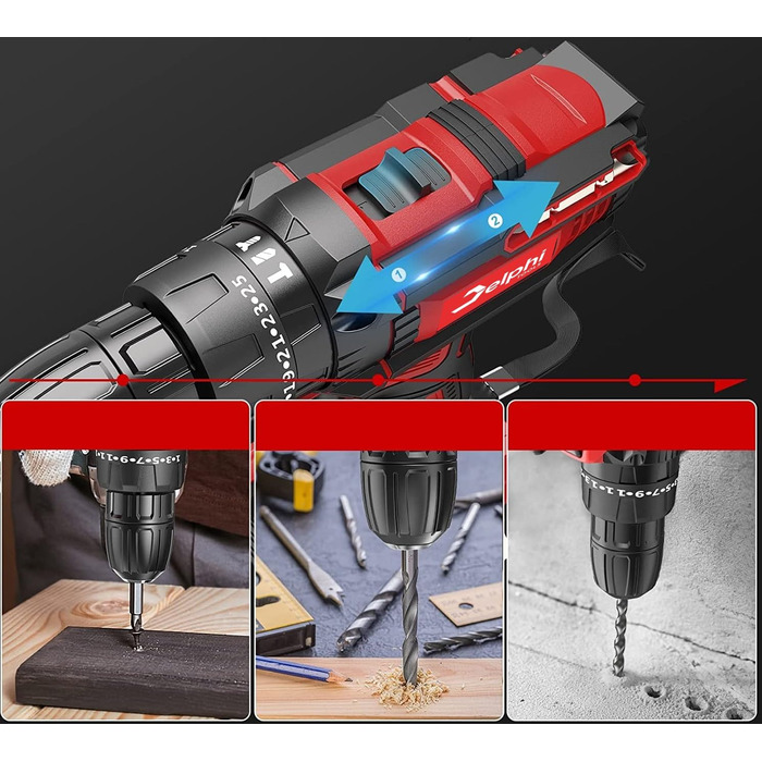 Акумуляторний шуруповерт DELPHI 20V: комплект з 2 акумуляторами, 50Nm, 2 швидкості, 25 ступенів моменту, LED-ліхтар, 34 аксесуари в кейсі для DIY-проєктів