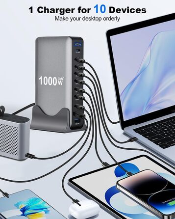 Зарядний пристрій USB-C GaN III 1000W 10-в-1 PD140W/100W QC20W для MacBook, iPad, iPhone, HP, Samsung Galaxy та ін.