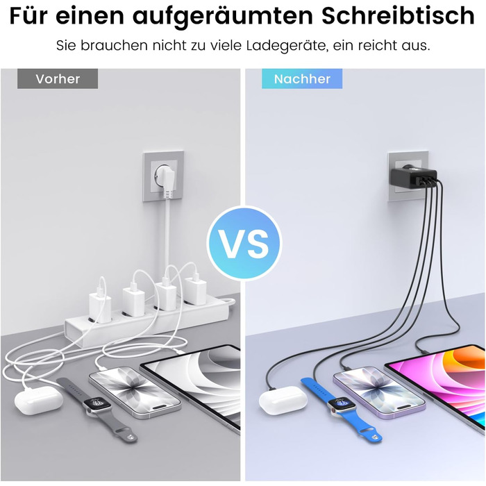 Мережевий зарядний пристрій USB C, 2 шт. 80W, 4 порти USB, швидка зарядка, адаптер для смартфонів, iPad, навушників, чорний