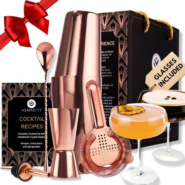 Набір для коктейлів з шейкером та 2 бокали Мартіні, рожеве золото, аксесуари для бармена, подарункова коробка з рецептами